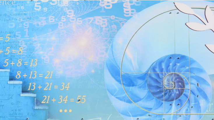 Image of mathematical theories in graphic form including a stairway with formulas on each step and a spiral shaped shell depicting a drawn arc.
