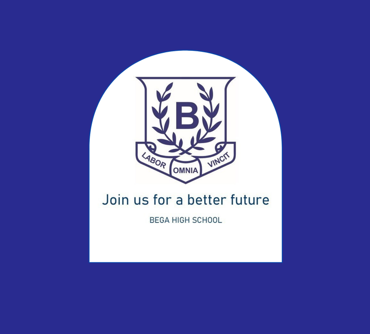 Graphic image of the Bega High logo within an arched shape. The words underneath the logo