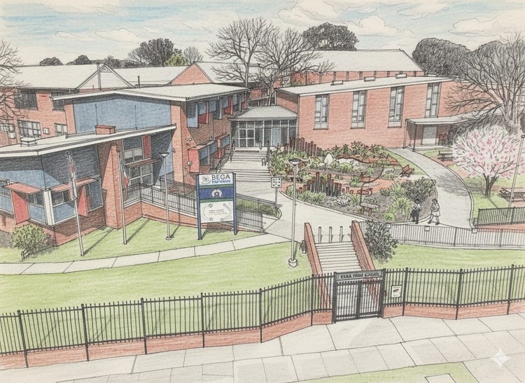 AI generated illustration of the entrance area to Bega High School, including front gates, gardens, administration block and school hall.